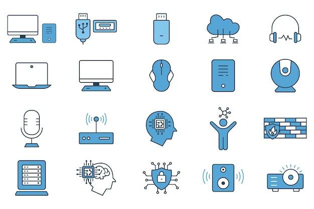 벡터 computer technology icon set laptop monitor cloud computing humanoid firewall access point cyber security etc flat line icon style design simple vector design editable