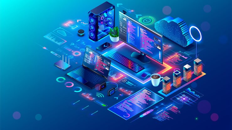 Vector computer technology isometric concept software development programming coding pc laptop phone on desk environment of programming software computer network technology network communications