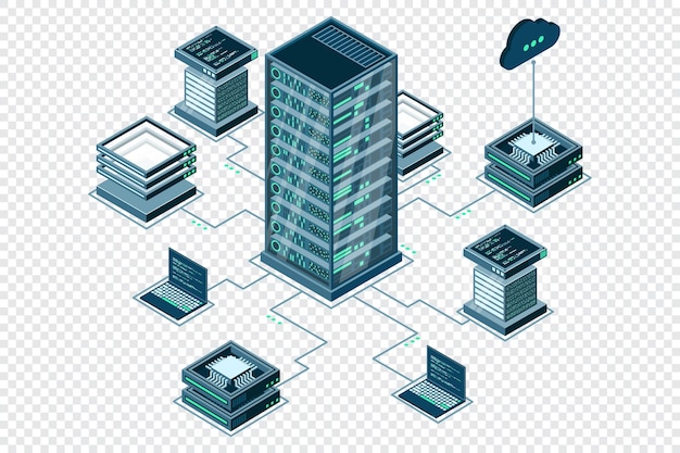 Computer technology isometric illustration Computation of big data center Cloud computing Online devices upload and download information Modern 3d isometric vector illustration