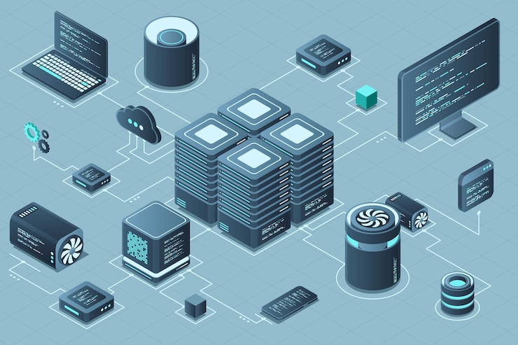 Vector computer technology isometric illustration computation of big data center cloud computing online devices upload and download information modern 3d isometric vector illustration