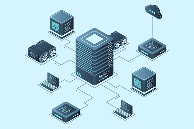 Vector computer technology isometric illustration computation of big data center cloud computing online devices upload and download information modern 3d isometric vector illustration