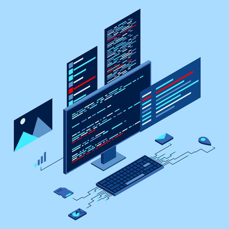 Vector computer technology isometric illustration desktop computer platforms software programming coding concept code with computer monitor isometric technology