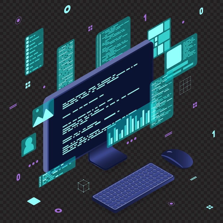 Vector computer technology isometric illustration desktop computer platforms software programming coding concept code with computer monitor isometric technology