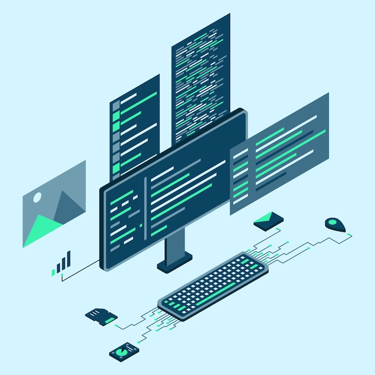 Vector computer technology isometric illustration desktop computer platforms software programming coding concept code with computer monitor vector illustration