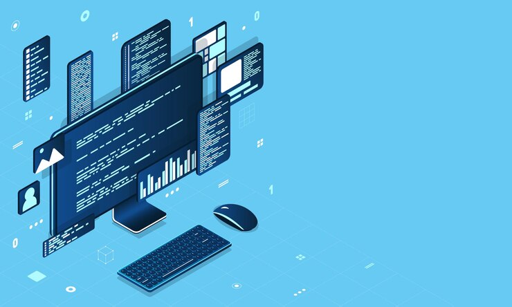 Vector computer technology isometric illustration desktop computer platforms software programming coding concept code with computer monitor
