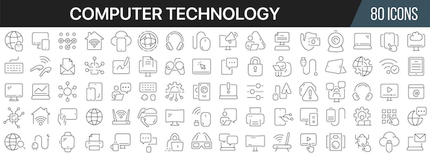 Collezione di icone della linea di tecnologia informatica icona dell'interfaccia utente grande impostata in un design piatto pacchetto icone con profilo sottile illustrazione vettoriale eps10