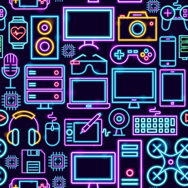 Computer Technology Neon Seamless Pattern. Vector Illustration of Electronics Promotion.