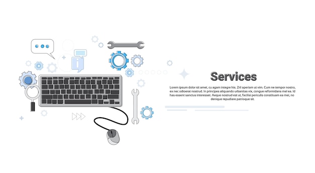 Computer technology technical service business concept banner thin line vector illustration