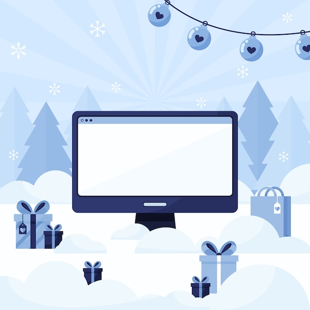 Computer template with an empty screen on a new year and christmas background with trees and gifts. blue