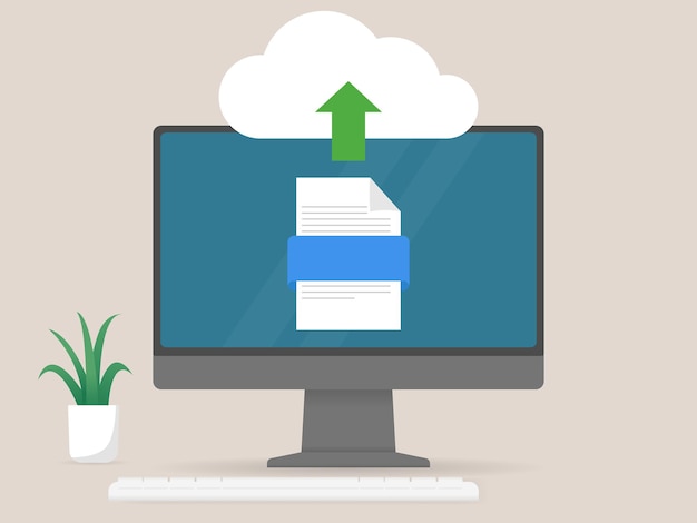 Vector computer uploading file data and information on cloud network storage technology