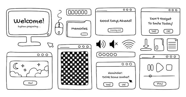 Computer vensters en open dialoog frames doodles scherm mappen en andere pc gebruikersinterface tekens