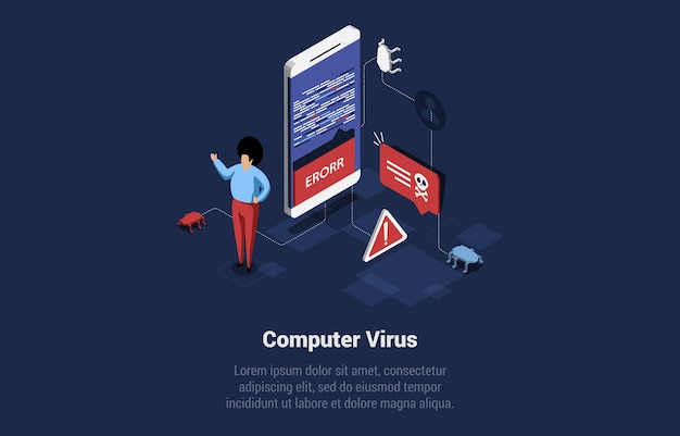 Computer virus concept illustration in cartoon 3d style. isometric vector composition on dark blue background. software error, code mistake idea. hacking crack danger, alert and bugs signs around.