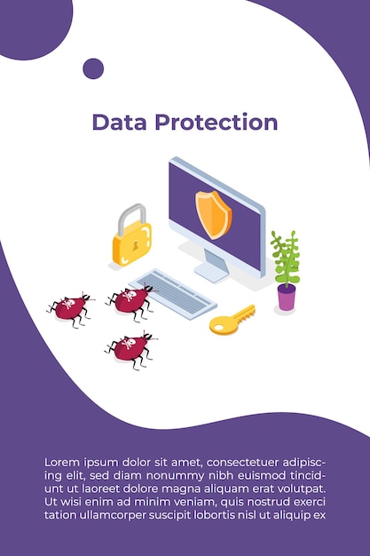 Computer virus, Data Protection isometric concept, Network data, Internet security, Secure bank transaction.  Vector illustration.