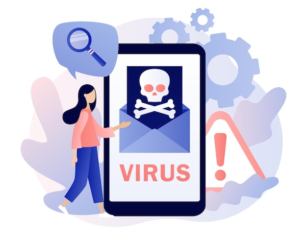 Vettore virus informatico busta con teschio sullo schermo dello smartphone attacco hacker e sicurezza web avviso truffa