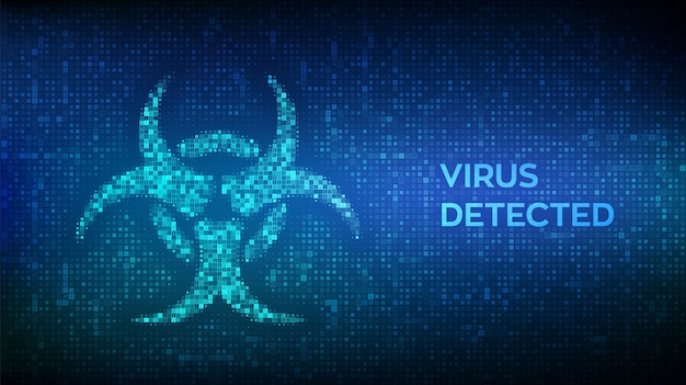 Segnale di pericolo di virus informatico realizzato con codice binario. virus rilevato. violato.