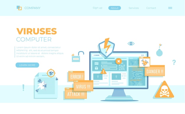 Computer Viruses Attack Errors detected Warning signs Stealing data Monitor with hacking virus a