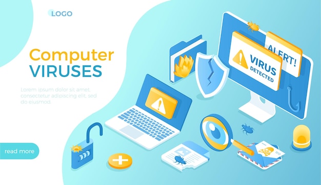 computer viruses monitor and laptop with alert messages errors detected bugs open lock infected