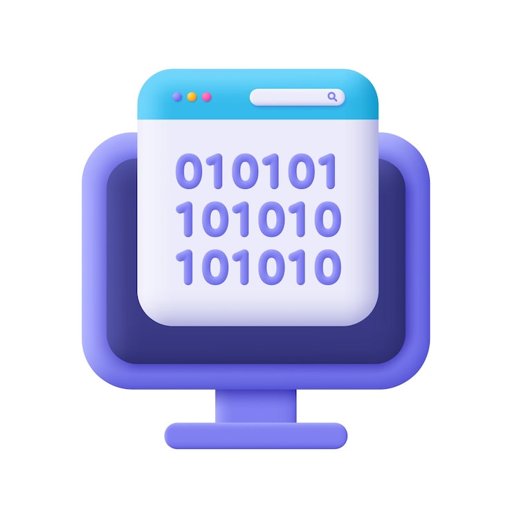 Vector computer webpage and binary code web development programming 3d vector icon cartoon minimal style