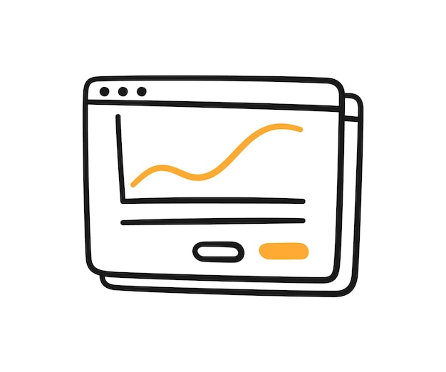 Finestra del computer con un grafico in crescita grafico dei dati finanziari disegnato a mano illustrazione vettoriale doodle su sfondo bianco