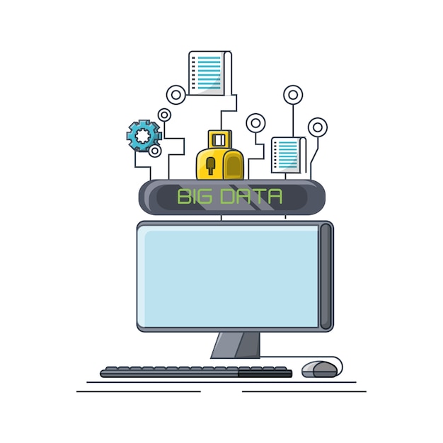 ベクトル 大きなデータ関連のアイコンを備えたコンピュータ