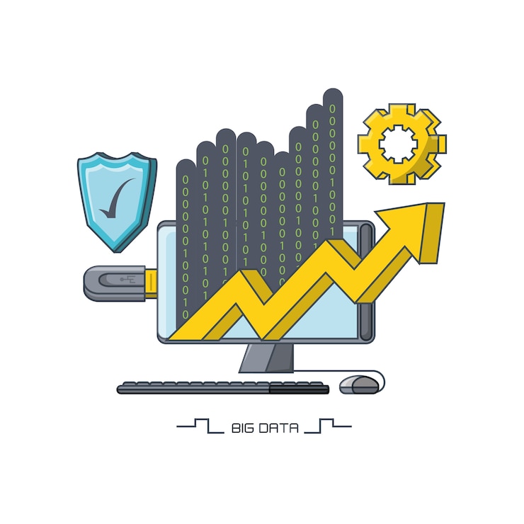 Vector computer with big data related icons 