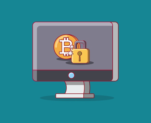 computer with bitcoin coin and padlock