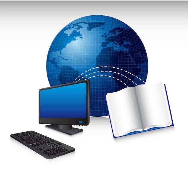 computer with  book and world technology vector illustration