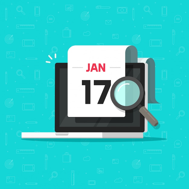 Computer with calendar scheduled date and magnifier glass searching event date illustration