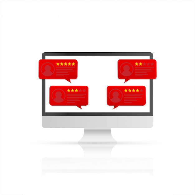 Computer with customer review rating messages. desktop pc display and online reviews or client testimonials