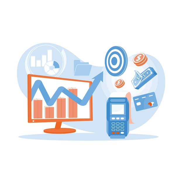 computer with data analysis payment instruments in front of the computer business analysis instruments concept flat vector illustration