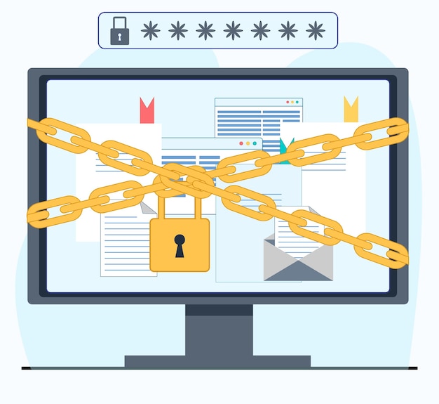 ドキュメントを備えたコンピューターは、サイバーセキュリティを提供するロックでチェーンされています