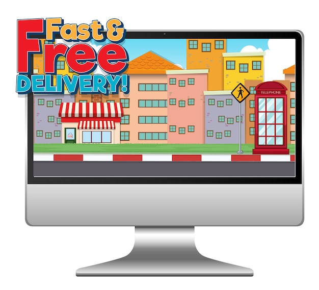 Computer with fast and free delivery logo