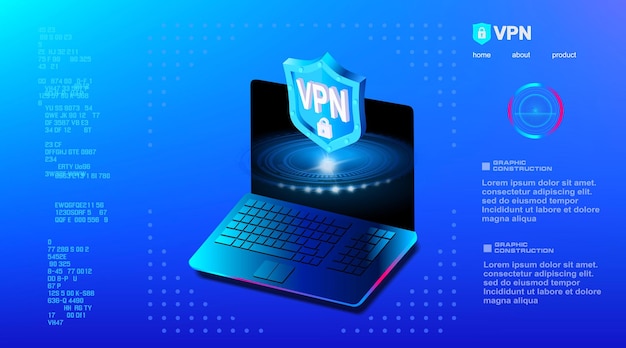 Computer with futuristic holographic sign is protected by data and VPN blocking bypass Virtual private network Personal protection Network security concept Virtual closed network icon