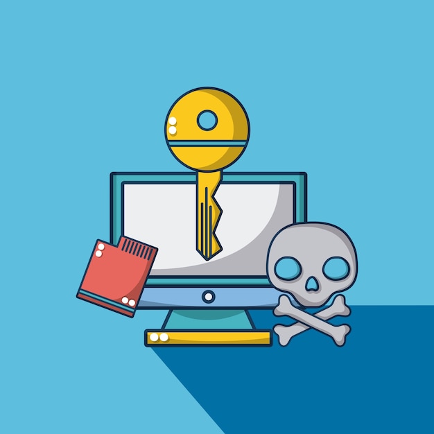 Computer with key and skull