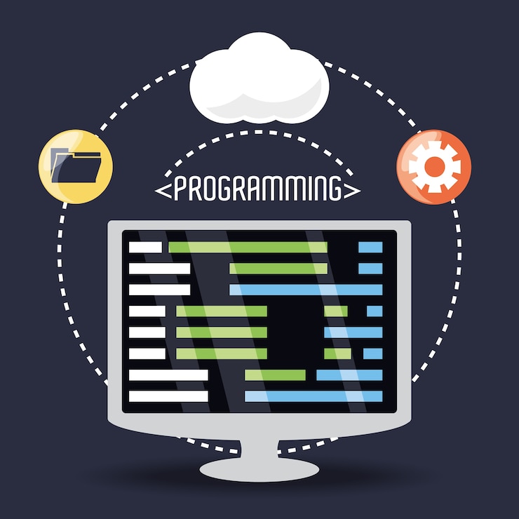 Vector computer with programming coding on screen 