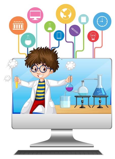 Vettore computer con il personaggio dei cartoni animati del bambino scienziato