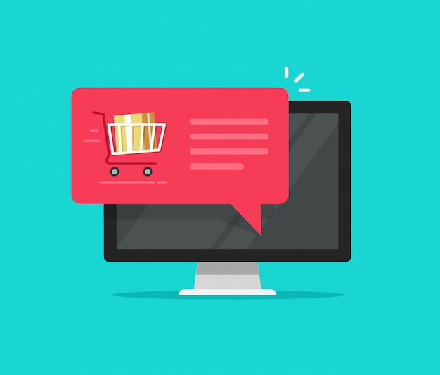 Computer with shopping cart full speech bubble notification or online order flat cartoon icon vector
