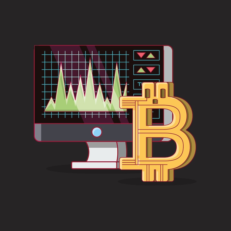 Вектор компьютер с фондовым рынком и символом биткойна