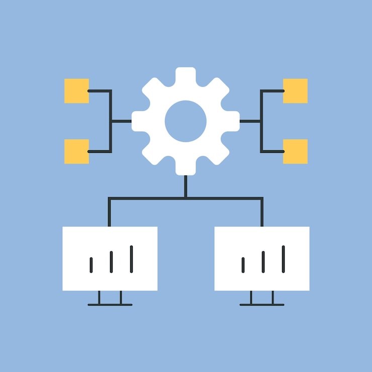 Vector a computer work the icon blue background programming write code code programmer working with