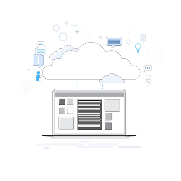 Vector computerapparaatgegevens wolkenopslagveiligheid dunne lijn vectorillustratie