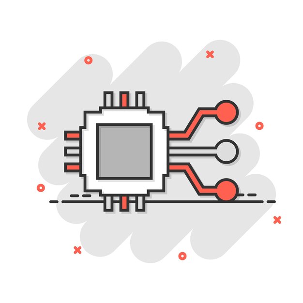 Computerchip pictogram in komische stijl Circuit board cartoon vectorillustratie op witte geïsoleerde achtergrond CPU-processor splash effect bedrijfsconcept