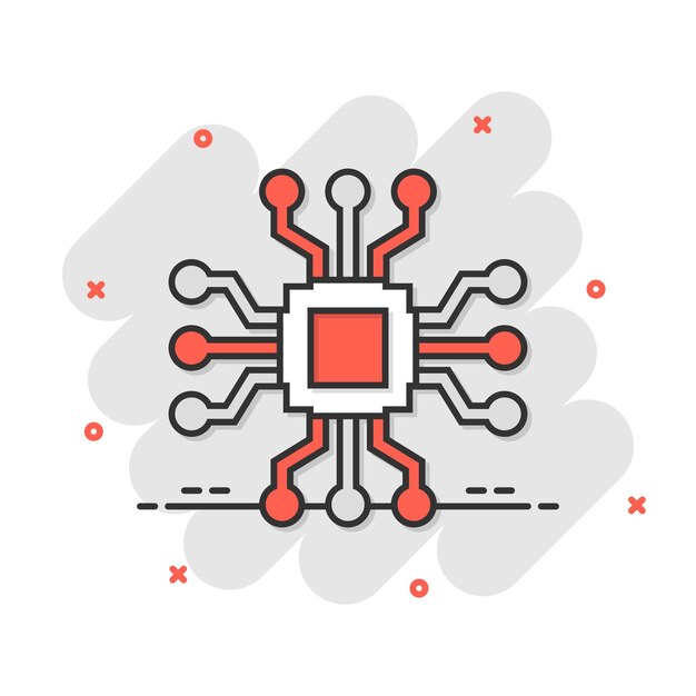 Computerchip pictogram in komische stijl Circuit board cartoon vectorillustratie op witte geïsoleerde achtergrond CPU-processor splash effect bedrijfsconcept