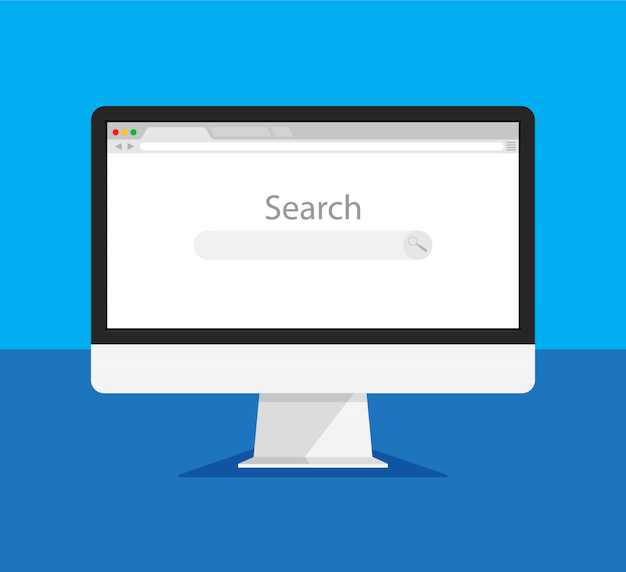 Computermonitor en internet browservenster op een scherm. Webbrowser lege sjabloon in een vlakke stijl.