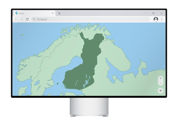 Computermonitor met kaart van finland in browser, zoek naar het land van finland op het webkaartprogramma.