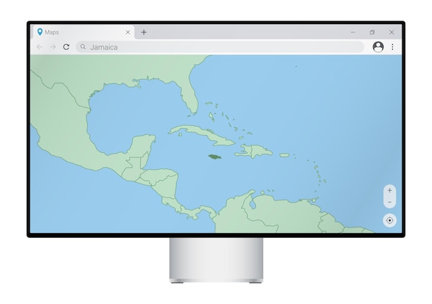 Computermonitor met kaart van Jamaica in browser, zoek naar het land van Jamaica op het webkaartprogramma.