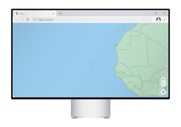 Computermonitor met kaart van Kaapverdië in browser, zoek naar het land Kaapverdië op het webkaartprogramma.