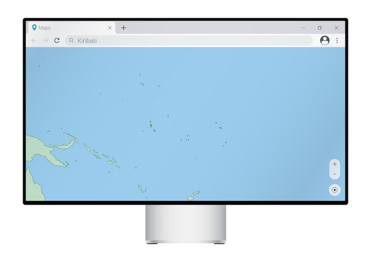 Vector computermonitor met kaart van kiribati in browser zoeken naar het land van kiribati op het webkaartprogramma