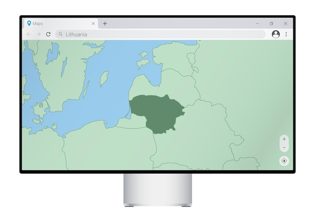 Computermonitor met kaart van litouwen in browser, zoek naar het land litouwen op het webkaartprogramma.