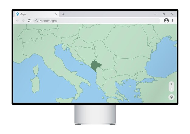 Computermonitor met kaart van Montenegro in browser, zoek naar het land Montenegro op het webkaartprogramma.