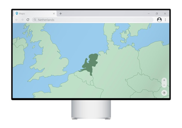 Computermonitor met kaart van nederland in browser, zoek naar het land van nederland op het webkaartprogramma.